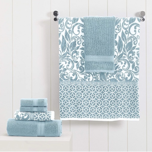 Trefoil Filigree 6-Piece Reversible Yarn Jacquard Towel Set 100% Combed Cotton - Picture 2 of 5
